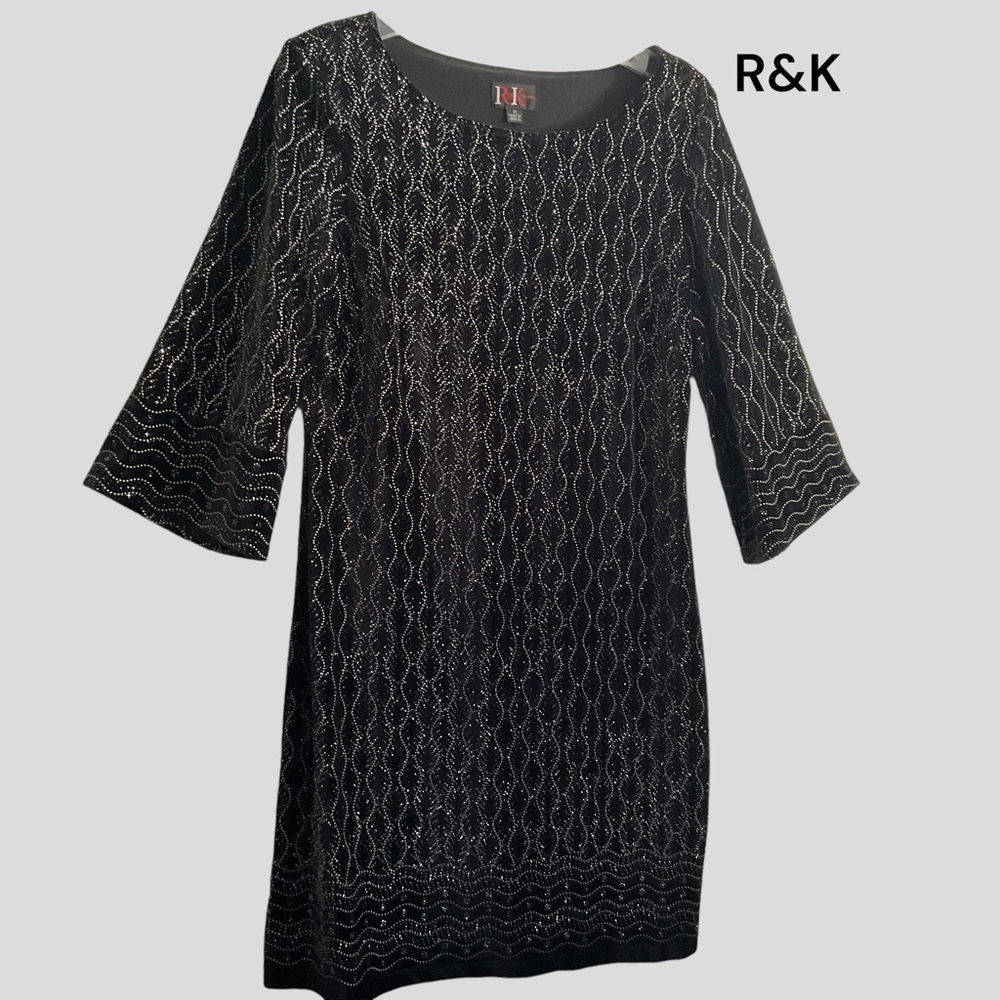 R & K Originals 3/4 Sleeve Black‎ Dress Velvet Knit Evening Festive - Size 12